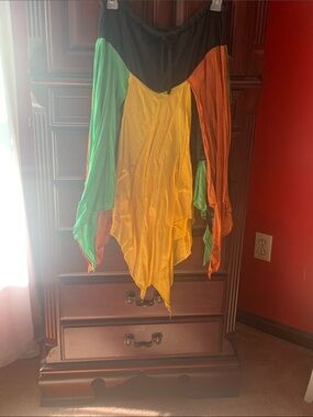 Asymmetrical High-Low Colorblock Skirt in Green, Yellow & Orange